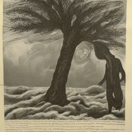 Image similar to The print shows a man caught in a storm, buffeted by wind and rain. He clings to a tree for support, but the tree is bent nearly double by the force of the storm. The man's clothing is soaked through and his hair is plastered to his head. His face is contorted with fear and effort. Adventure Time, mint by Tibor Nagy, by Mab Graves evocative