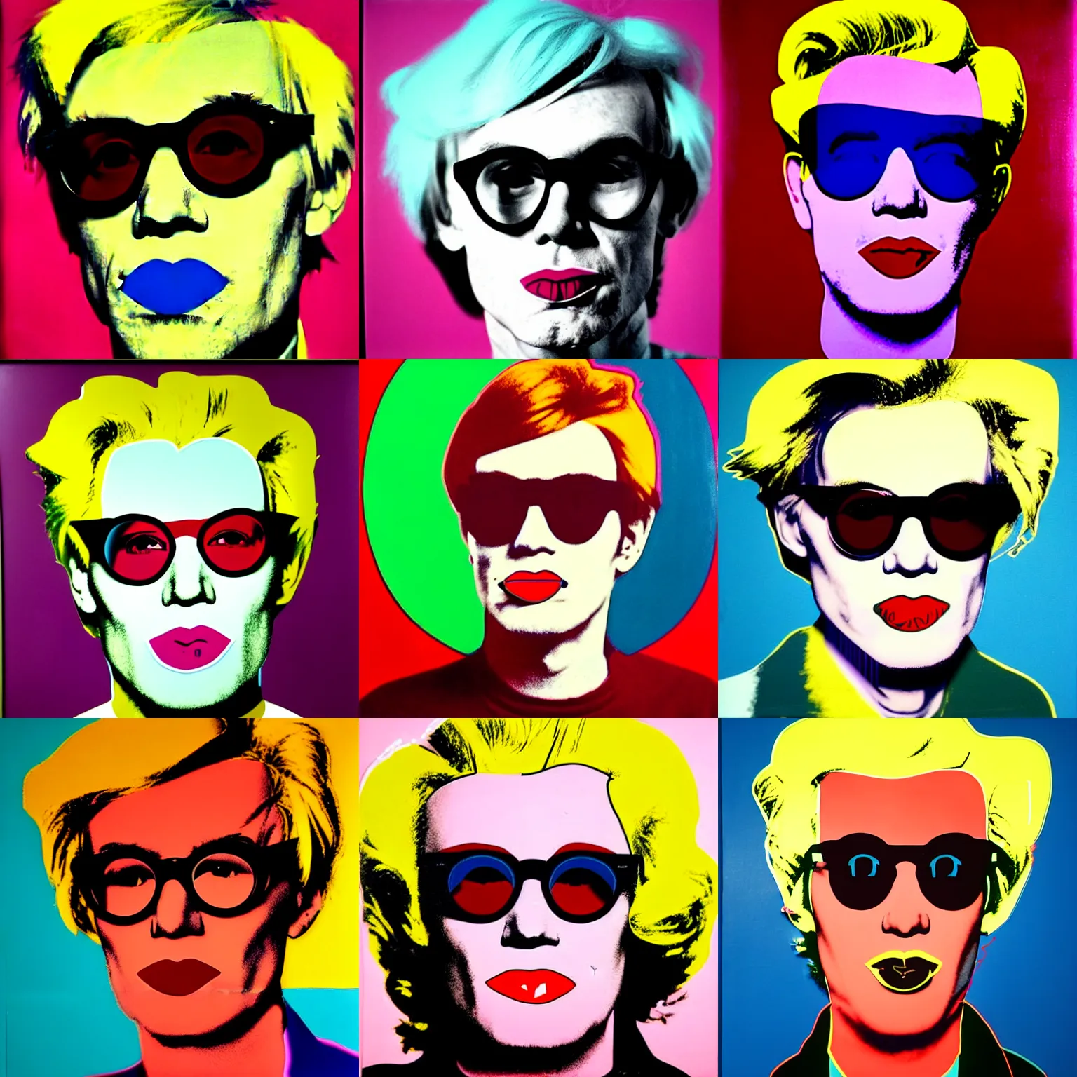 Prompt: portrait of andy warhol aged 30 with his lips in the shape of letter o. andy\'s shoulders are in the frame. andy looks sternly straight into the camera and wears designer sun glasses. painting in the style of andy warhol