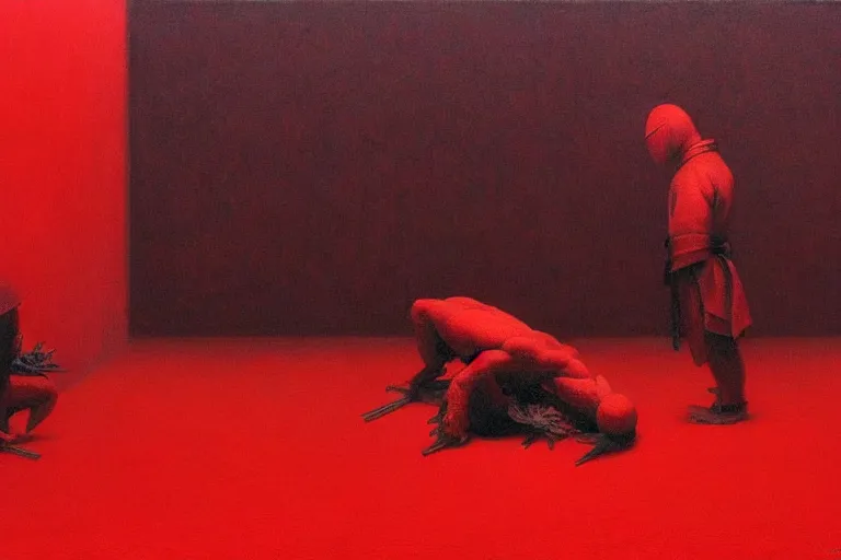 Image similar to only with red, a red samurai do seppuku, tokio, a lot of frogs watch, in the style of beksinski, parts by edward hopper, parts by rodcenko, parts by yue minjun, intricate and epic composition, red by caravaggio, insanely quality, highly detailed, masterpiece, red light, artstation, 4 k