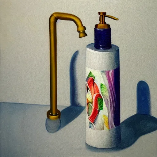 Image similar to a painting of a faucet and soap dispenser, an airbrush painting by janet fish and ( ( ( howard arkley ) ) ), trending on artstation, photorealism, hyper realism, oil on canvas, detailed painting
