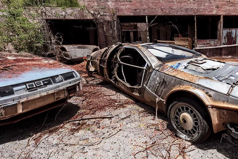 Image similar to rusty, derelict 1 9 2 2 delorean inside a dusty worn down old barn