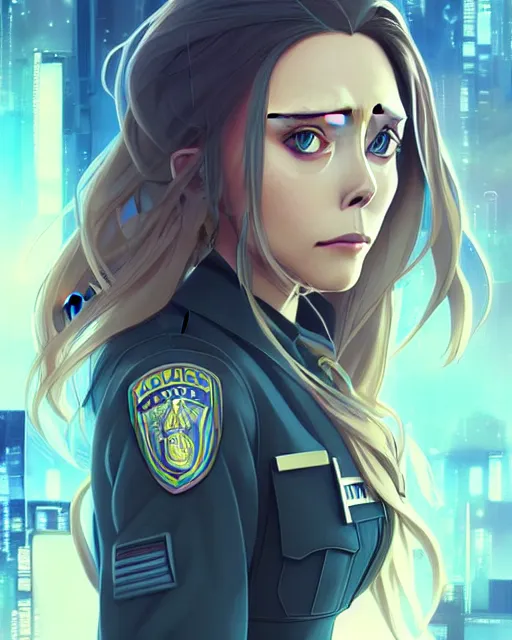 Image similar to anime key visual of elizabeth olsen police officer, cyberpunk, futuristic, perfect eyes, stunning features, perfect face!!, high details, digital painting, artstation, smooth face, soft focus, illustration, art by artgerm and greg rutkowski and alphonse mucha