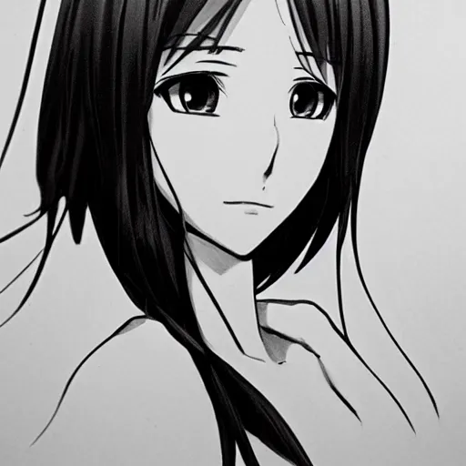 Image similar to anime girl portrait profile, black and white sketch, cellshaded, drawn in fine-tip pen, made by WLOP, trending on artstation
