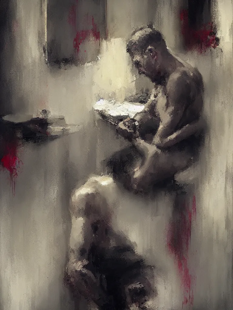 Image similar to a beautiful picture by alpay efe and christian hook of a man looking at his phone in a bathroom, color bleeding, brushstrokes by jeremy mann