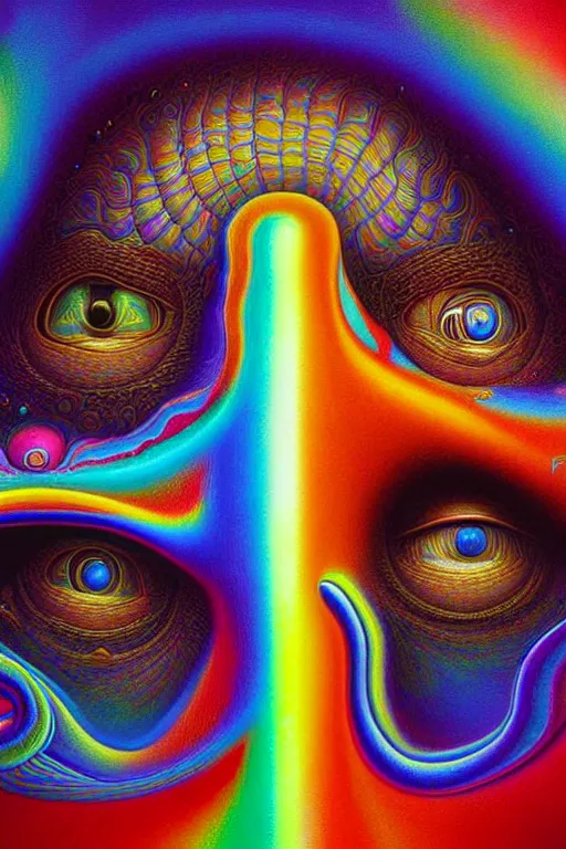 Image similar to hyperrealistic abstract close-up Renaissance psychedelic!! celestial happy! pure creature!! peaceful! kind spirit of nature! beautiful fractal!! eyes! highly detailed concept art eric zener elson peter cinematic hard rainbow lighting high angle hd 8k sharp shallow depth of field endless, inspired by Zdzisław Beksiński Salvador Dali