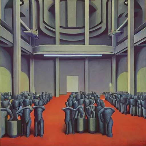 Prompt: drab slave human workers building robots, watched by fascist drones, brutalist factory chapel, dystopian, pj crook, edward hopper, oil on canvas