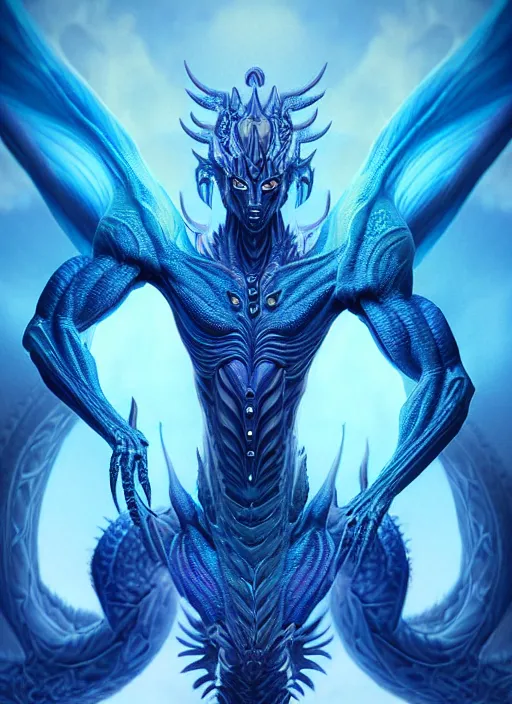 Image similar to muscular and tall blue ghostly fire humanoid dragon!!!! draconian!! intricate ornate iridescent exoesqueleton!! character concept art, sharp focus, octane render! unreal engine 5! highly rendered!! trending on artstation!! detailed linework!! illustration by artgerm, wlop, and chie yoshii