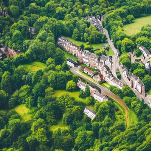 Image similar to beautiful aerial view of a small british town surrounded by a forest