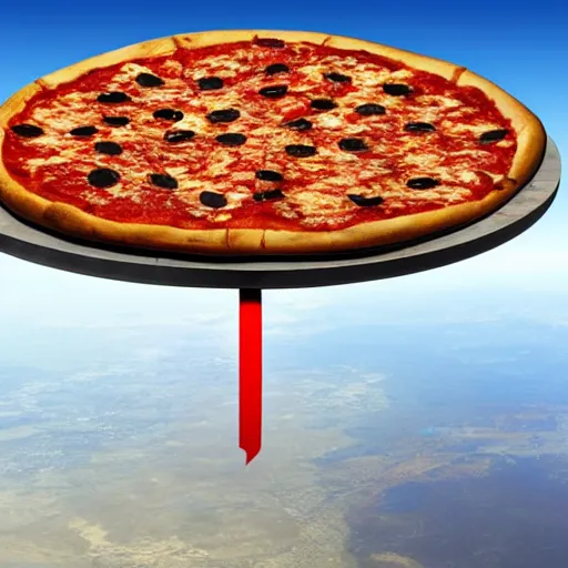 Prompt: giant pizza hovering above planet earth