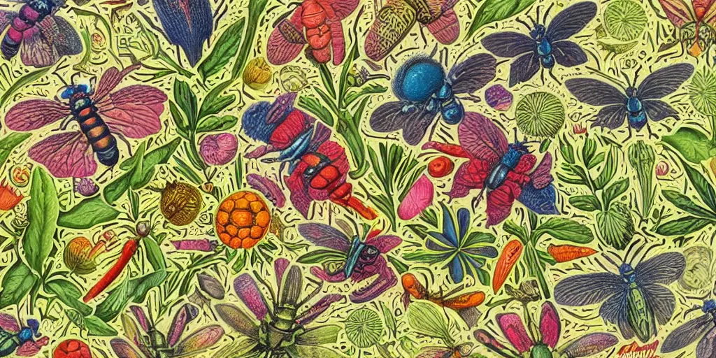 Prompt: colorful print of cute little insects botanical artwork, multicolor lino block print with vignettes, created by ernst haeckel, greg hildebrandt, mary delany in the style of painting toon shades, colorful ink, vibrant, warm pastel, colorful dark vector, smooth curves, graphical, detailed, trending in art station 9 6 0!!!!!