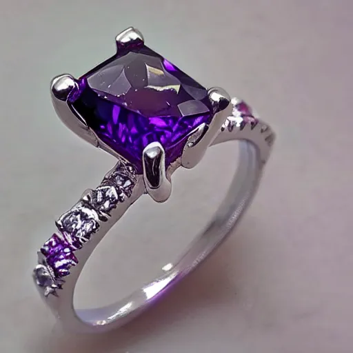 Image similar to a beautiful engagement ring, triangle purple gemstone, made out of shiny silver, high quality, photo realistic, detailed, 8k