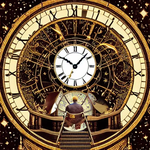 Image similar to a man looking at a giant, detailed, ornamented clock floating in the distance with the cosmos and stars visible in the background, album artwork style.