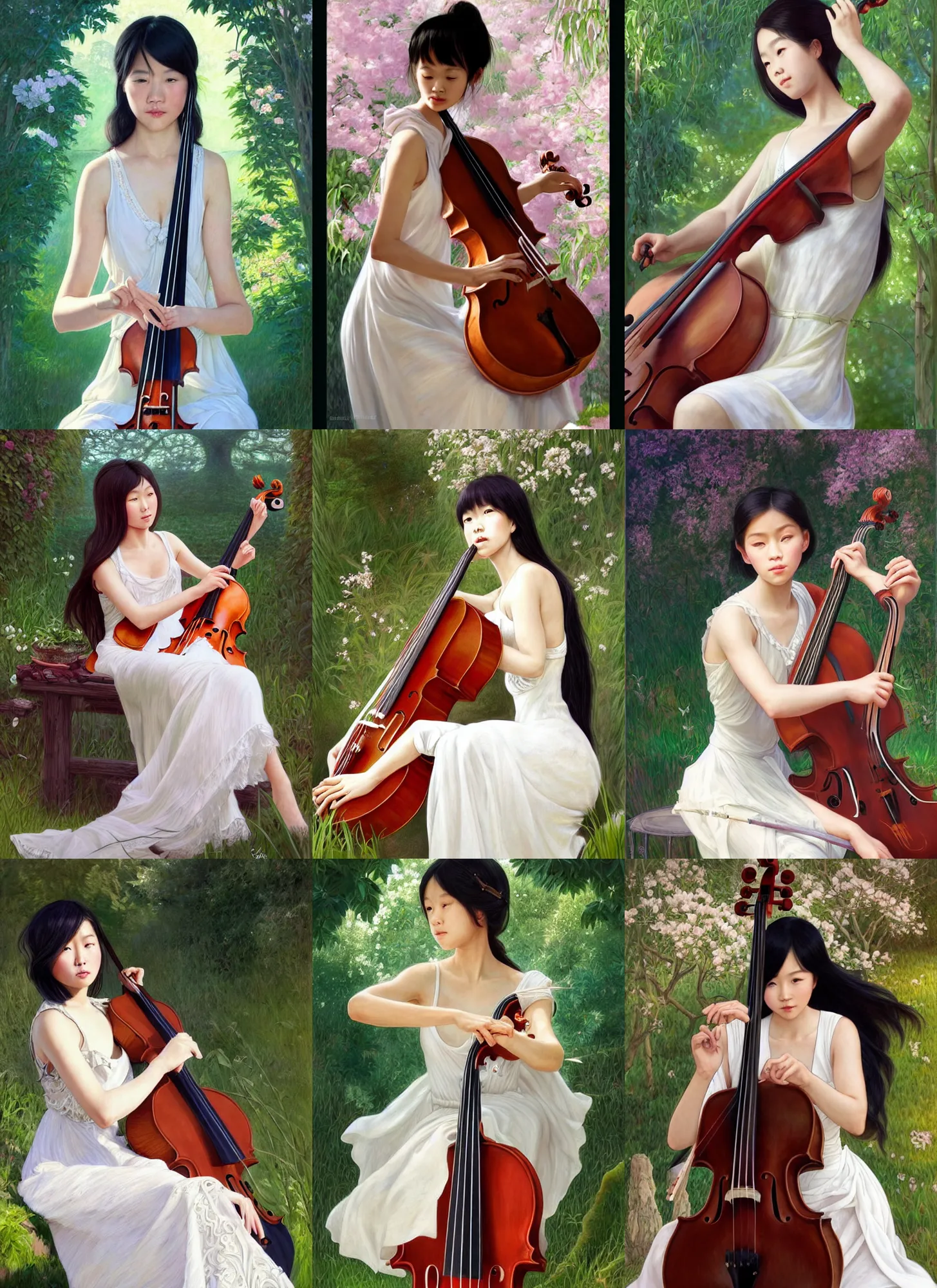 Prompt: character concept portrait of me as a young asian girl in a white slip dress playing a cello in the sun, in garden, intricate, elegant, highly detailed, digital painting, artstation, concept art, symmetry, smooth, sharp focus, illustration, art by artgerm and rutkowski and mucha