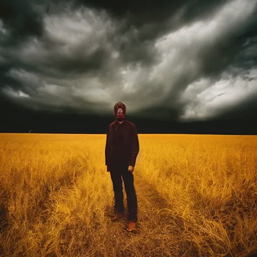 Prompt: pagan standing in a field with traditional pagan Halloween cosrume with dark clouds in the sky, photo journalism, photography, cinematic, national geographic photoshoot, vintage photo