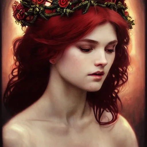 Prompt: portrait of very beautifull girl, thorn rose crown, thorn everywhere, headshot, pale skin, 4k, rule of thirds, extreme detail, detailed drawing, trending artstation, hd, fantasy, D&D, realistic lighting, by Alphonse Mucha, Greg Rutkowski, sharp focus, backlit, bright red hair, elegant