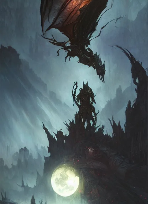 Image similar to moth. dark knight. moon. fantasy concept art. moody epic painting by james gurney, greg rutkowski, giger, maxim verehin and alphonso mucha. artstationhq. painting with vivid color. ( dragon age, witcher 3, lotr )