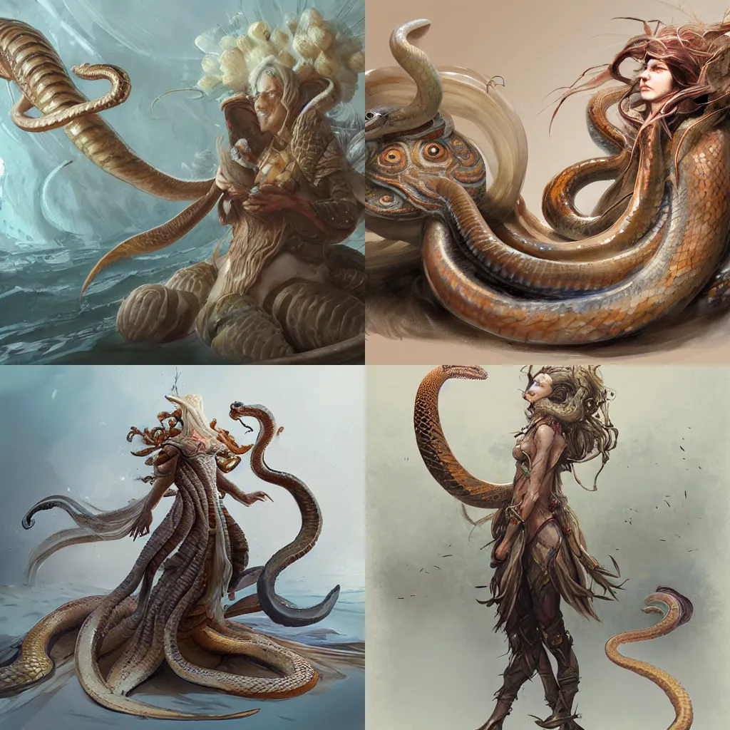 Prompt: ellen jewett, female clam leader holding a snake pet, concept art