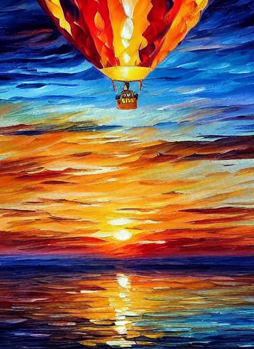 Prompt: beautiful hot air balloons over the ocean at sunset in the style of leonid afremov