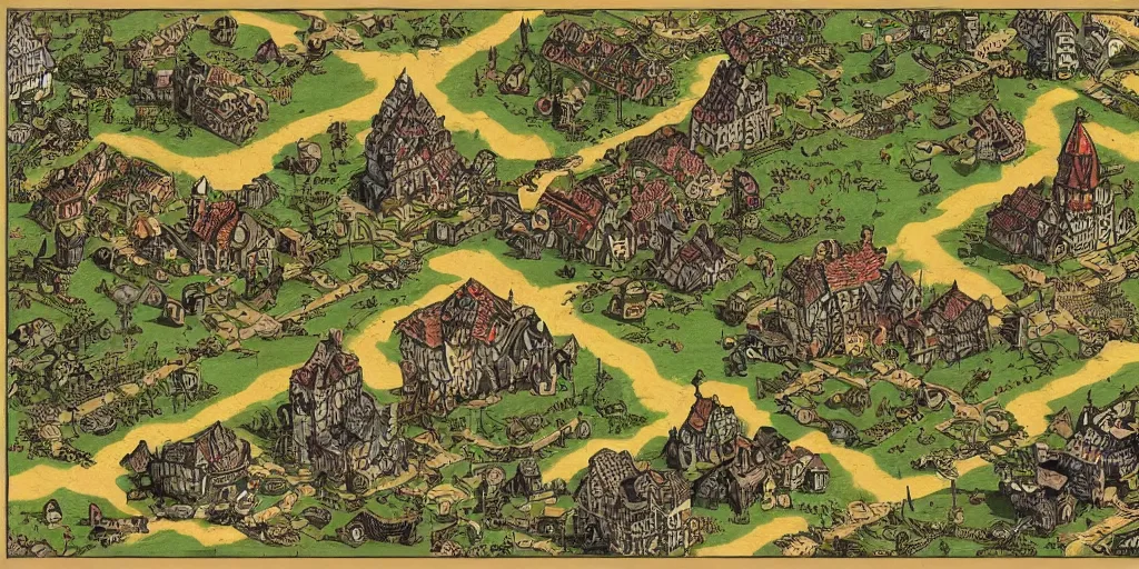 Image similar to isometric strategy game view, 1 8 th century german village, spooky cthulhu map, amazing detail, game art by moebius,