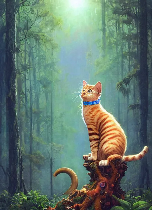 Image similar to a hyper realistic cat god with happy lighting and technology jewelry in the woods gorgeous lighting, sunbeams blue sky, lush forest foliage painting by chiara bautista and beksinski and norman rockwell and greg rutkowski weta studio, and lucasfilm