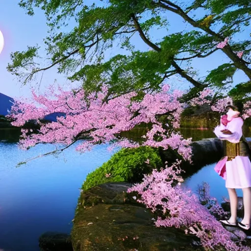 Prompt: Sakuyamon with the moon behind her by a shimmering lake, Sakura petals around her, majestic, graceful