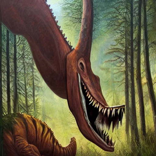 Image similar to hyper realistic oil painting of a dinosaur screaming the back home is a forest