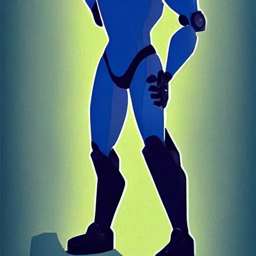 Prompt: Character design police man!!, man in dark blue full body suit, concept art character, very high angle view, one arm of the robot body, book cover, very attractive man with beard, walking in cyberpunk valley highly detailed full body, strong masculine features, sturdy body, command presence, police man!!, royalty, smooth, sharp focus, organic, appealing, deep shadows