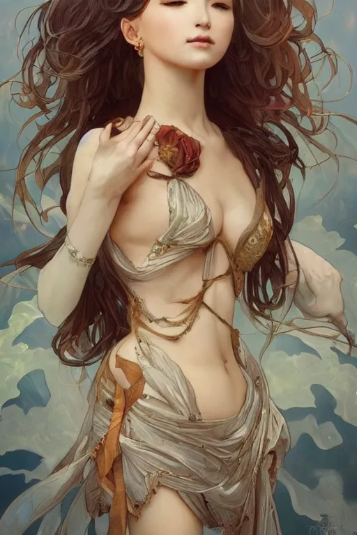 Image similar to full body emotional meditation goddess in the style of artgerm, wlop, greg rutkowski, alphonse mucha and ayami kojima, realistic details, volumetric lighting, very very very very beautiful symmetrical face, seductive look, trending on artstation, artstationhd, artstationhq, unreal engine, 4 k, 8 k