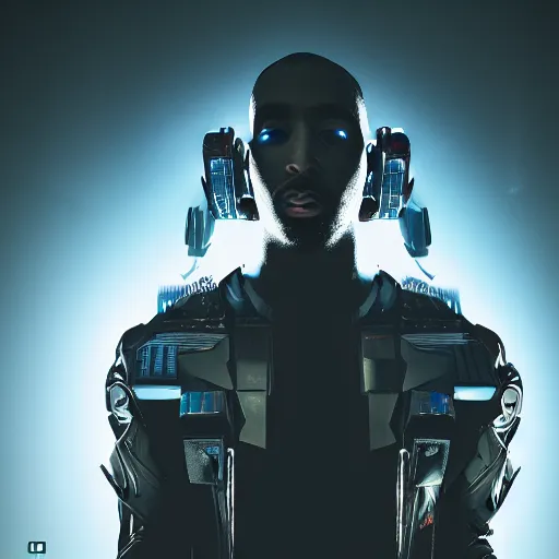 Image similar to hero angle of cyberpunk Ludacris, highly detailed, sharp focus, cyberpunk style, cyborg, futuristic, 8k, 35mm, cinematic lighting