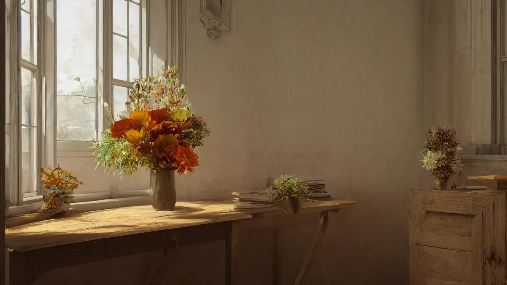 Image similar to an old wooden desk with a flower vase, in a richly decorated Victorian house. the autumn light comes in through a window and dimly illuminates the room, diffuse light, octane render