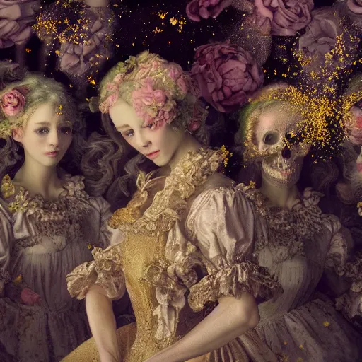 Prompt: 8k, octane render, realism, tonalism, renaissance, rococo, baroque, group of creepy young ladies wearing long flowers and skull dress, harajuku manga, background chaotic gold leaf flowers