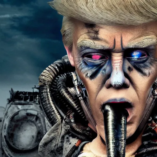 Image similar to Donald Trump as Immortan Joe, mad max fury road, detailed, 4k