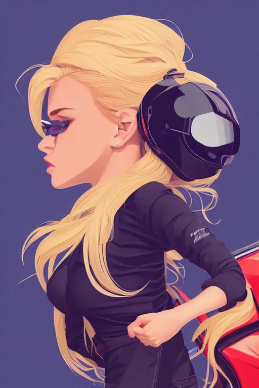 Image similar to a girl on a motorcycle, blond hair, centered, solid bacgkround, median photoshop filter cutout vector behance, hd by artgerm, jesper ejsing, by rhads, makoto shinkai and lois van baarle, ilya kuvshinov, rossdraws, illustration, art by ilya kuvshinov and gustav klimt