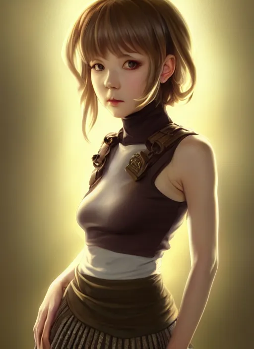 Image similar to portrait of a full body of beautiful young female detective, d & d, sleeveless turtleneck, pleated skirt, fantasy, flat lighting, intricate, highly detailed, digital painting, artstation, concept art, smooth, sharp focus, illustration, misa amane, art by simon bisley and greg rutkowski and alphonse mucha, natural tpose