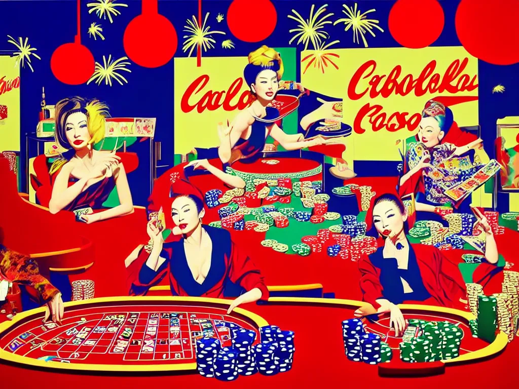 Image similar to hyper - realistic composition of a room in a casino with an extremely detailed poker table, croupier in kimono standing nearby fireworks in the background, pop art style, jackie tsai style, andy warhol style, acrylic on canvas