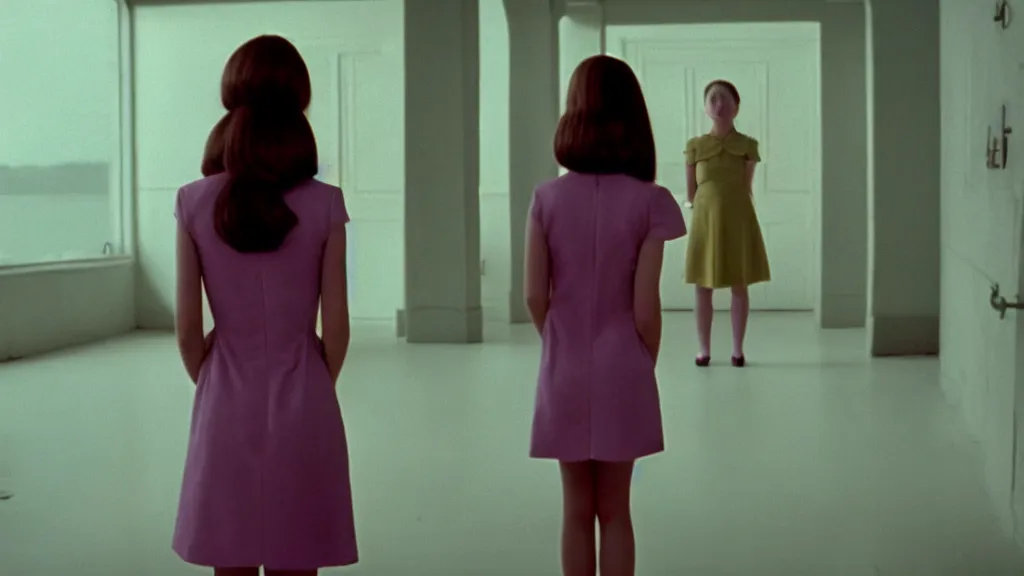 Image similar to A girl in a mod dress confronts the void, Film still from Wes Anderson, wide lens