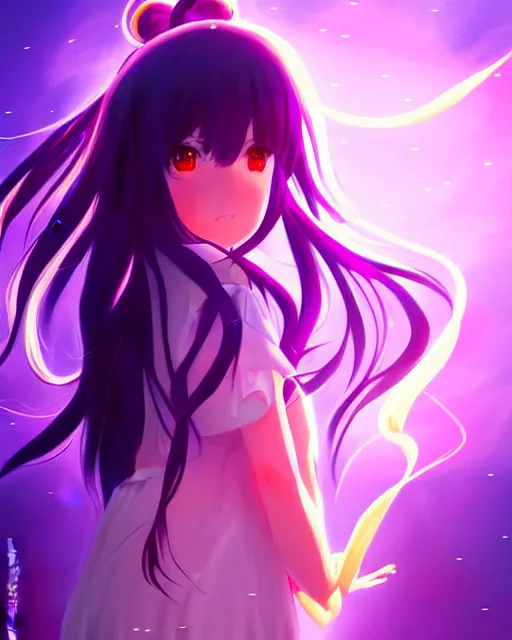 Prompt: anime style, vivid, expressive, full body, 4 k, painting, a cute magical girl with a long wavy black hair, stunning, realistic light and shadow effects, centered, violet sunlight, simple background, studio ghibly makoto shinkai yuji yamaguchi