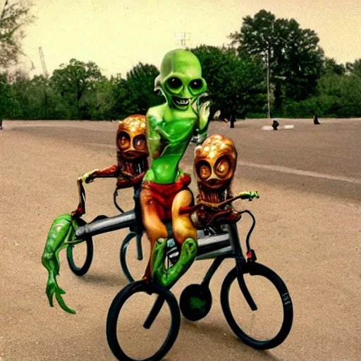 Image similar to The Mars Attacks aliens have a grand old time riding a tandem bicycle through the park.