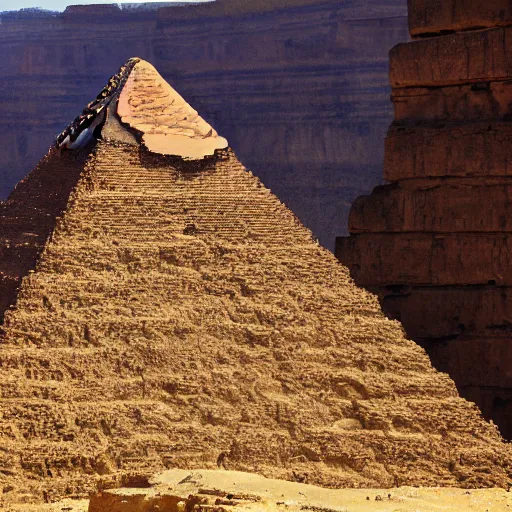 Prompt: faraway shot of a pyramid from a canyon, panoramic