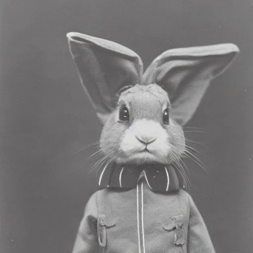 Prompt: a 1 9 1 0 s photograph of a rabbit wearing a sailor's uniform