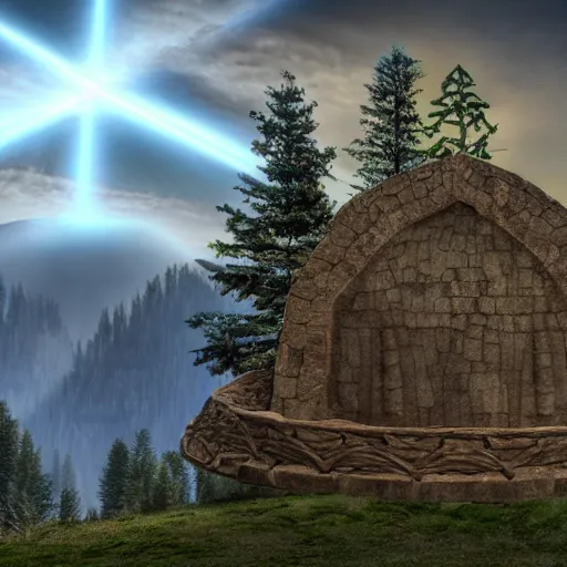 Image similar to an old lost Celtic ark made of stones, surrounded by a forest of tall pine trees, a mountain in the background, cloudy but bleu sky, photorealism, render with unreal engine, anamorphic lens flare, details, HD, 8k, cinematic