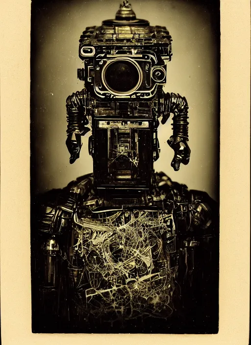 Image similar to old wetplate daguerreotype portrait of futuristic robot, dubbel negative exposure, explosion of data fragments, fractal, intricate, elegant, highly detailed, parallax, leica, medium format, subsurface scattering, by jheronimus bosch and greg rutkowski and louis jacques mande daguerre