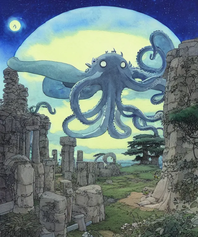 Image similar to a hyperrealist studio ghibli watercolor fantasy concept art. in the foreground is a giant grey octopus sitting in lotus position on top of stonehenge with shooting stars all over the sky in the background. by rebecca guay, michael kaluta, charles vess