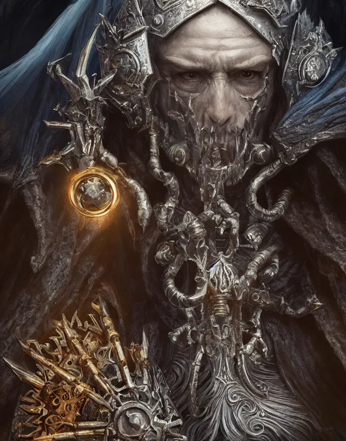 Image similar to The lich king, fantasy, intricate, cinematic lighting, highly detailed, digital painting, artstation, concept art, smooth, sharp focus, illustration, hyper realism, high detail, octane render, 8k, iridescent accents, art by Leonardo da Vinci, Giovanni Bellini, and Alessandro Botticelli