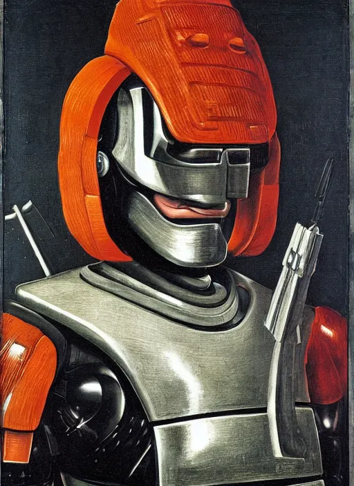 Image similar to a portrait of Robocop by Jan van Eyck