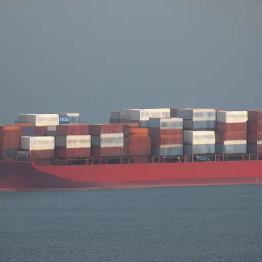 Prompt: maersk container ship, haze, telephoto zoom,