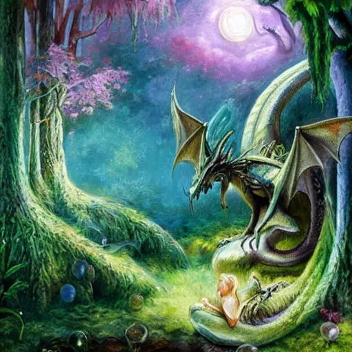 Prompt: Dragon sleeping in a Ethereal fairy forest Oil painting, highly detailed, elaborate