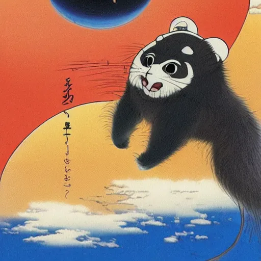 Prompt: a japanese tanuki flying in the sky with large balls, anime art style, ghiblie, miyazaki, beautiful, high detail