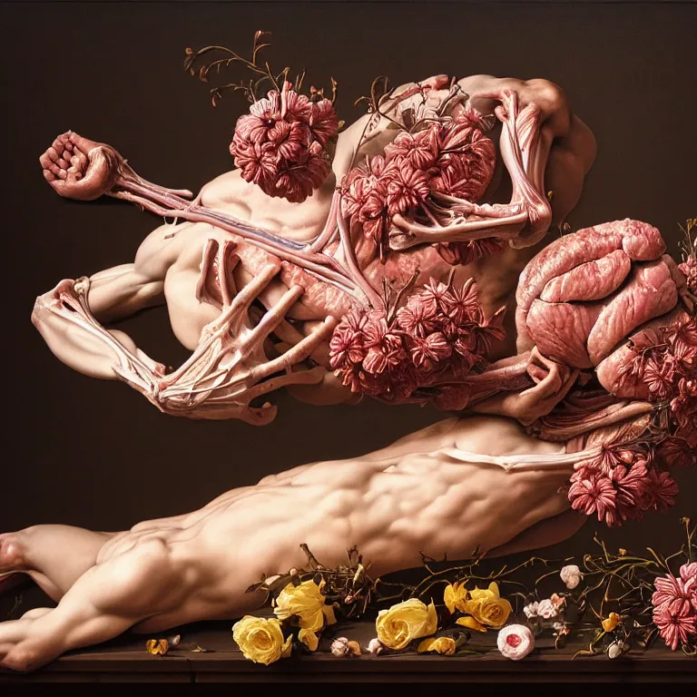 Image similar to still life of anatomical painting of ribbed human, covered with white meat and flowers, dream - like, baroque portrait painting, perfect composition, beautiful detailed intricate detailed octane render, unreal engine 5, trending on artstation, 8 k, photorealistic, volumetric cinematic perfect light, chiaroscuro, masterpiece, raphael, caravaggio, beksinski, giger