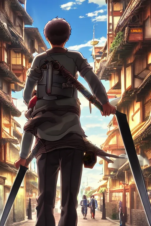 Image similar to ultra detailed keyart of sci - fy movie, a boy carrying a sword in his back is riding a simple bycycle in the main street of isekai shinjuku